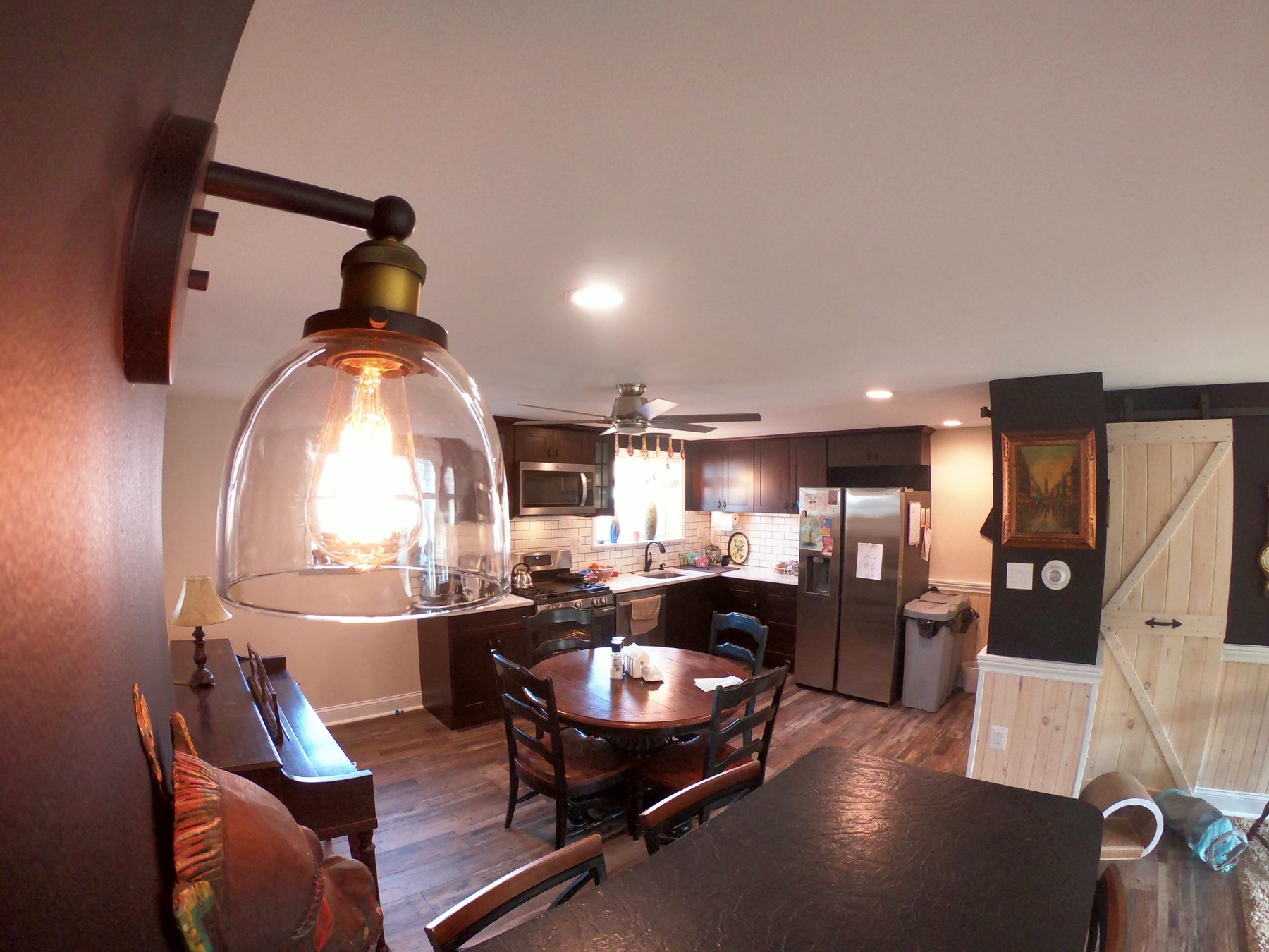 Finished kitchen remodel in a Northeast Philadelphia home, subway tile and barn door