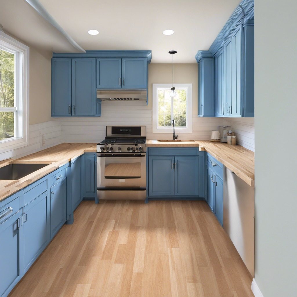 Kitchen with blue cabinets and butcher-block counters